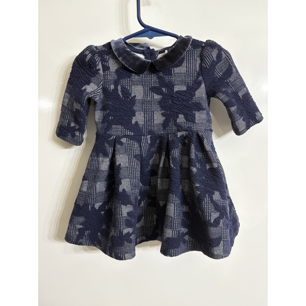JANIE AND JACK Baby Girls 6-12M Navy Blue Knit Dress w/Velvet Collar